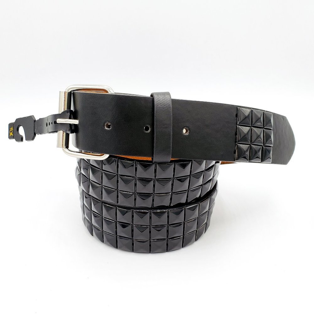 New All Black Studded Leather Belt Unisex 3-Rows Metal Pyramid Size Large